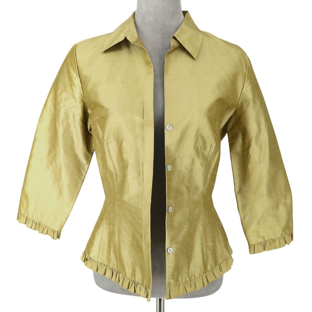 Cache Jacket Womens 8 All Silk Green Gold Lined Pleated Trim Lightweight Vintage